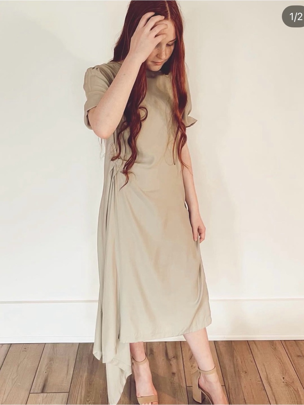 Asymmetrical Cream Midi Dress with Short Sleeves